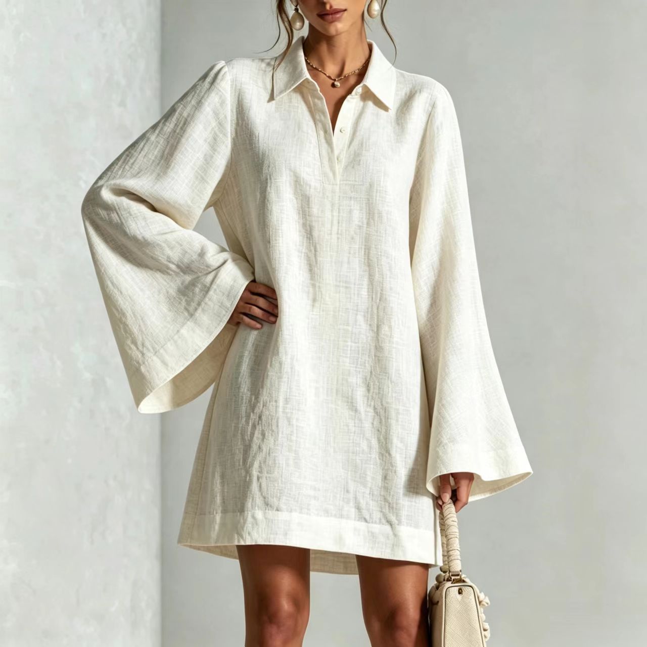 Women's Solid Color Flare Sleeve Dress with Lapel Collar, Loose Casual Midi