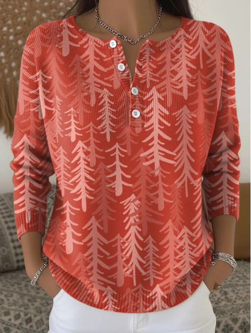 Women's Christmas Tree Snowman Scarf Print Button Sweatshirt