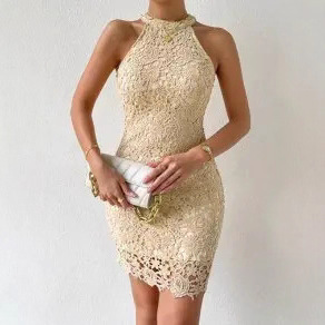 Women's Sleeveless Lace Trim Bodycon Dress Solid Color