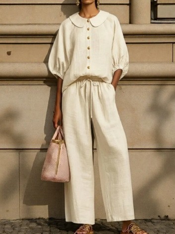 Women's Cotton-Linen Lantern Sleeve Shirt & Drawstring Pants Set