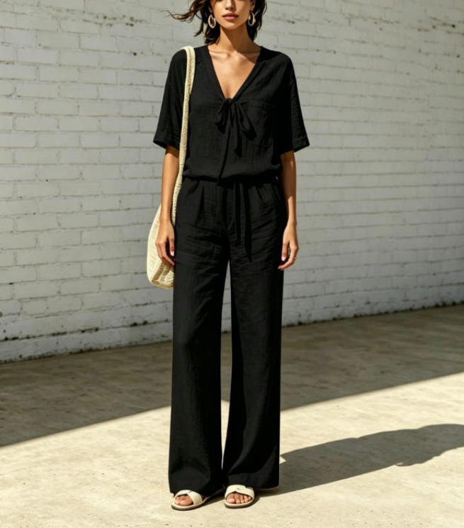 Women's Summer V-Neck Half-Sleeve Tie-Waist Casual Pants Set