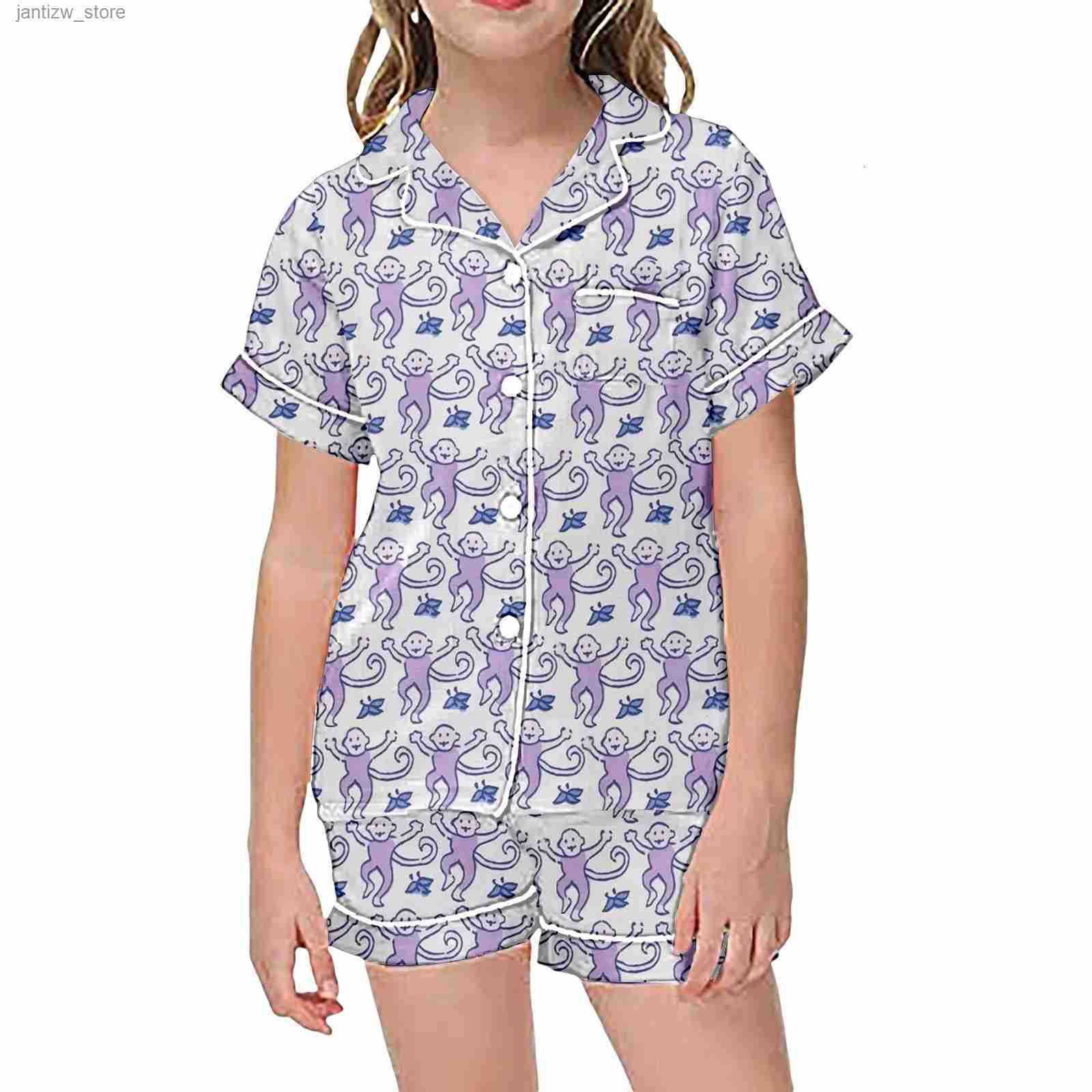 Women's Monkey Print Cuban Collar Short Sleeve Shirt Set Casual Loungewear