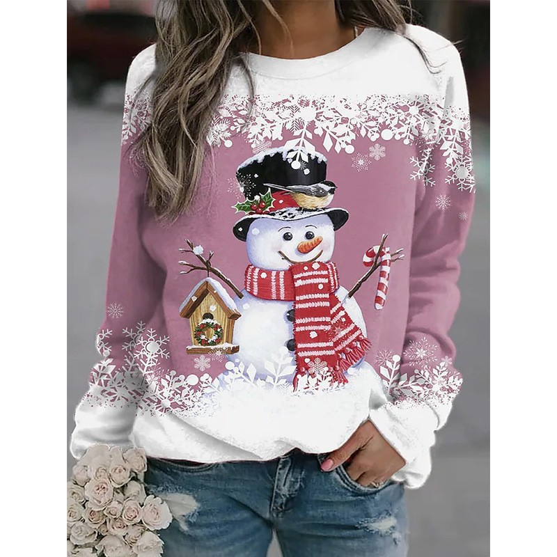 Women's Snowman Snowflake House Print Crewneck Sweatshirt