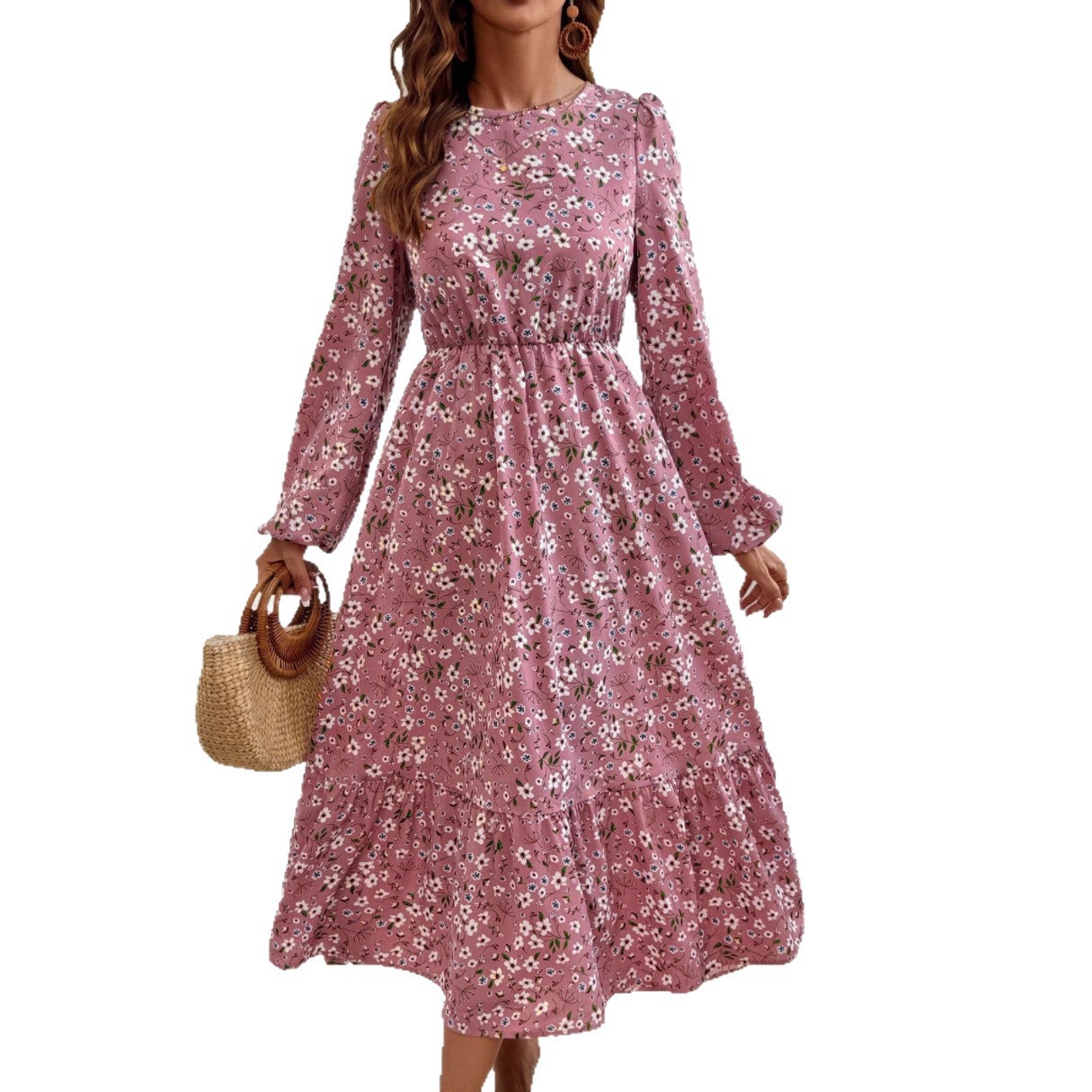 Milk Silk Long Sleeve Floral High Waist A-Line Dress