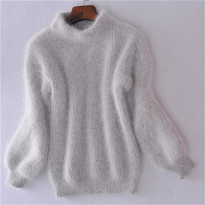 Faux Mink Half-Turtleneck Lantern-Sleeve Knit Sweater