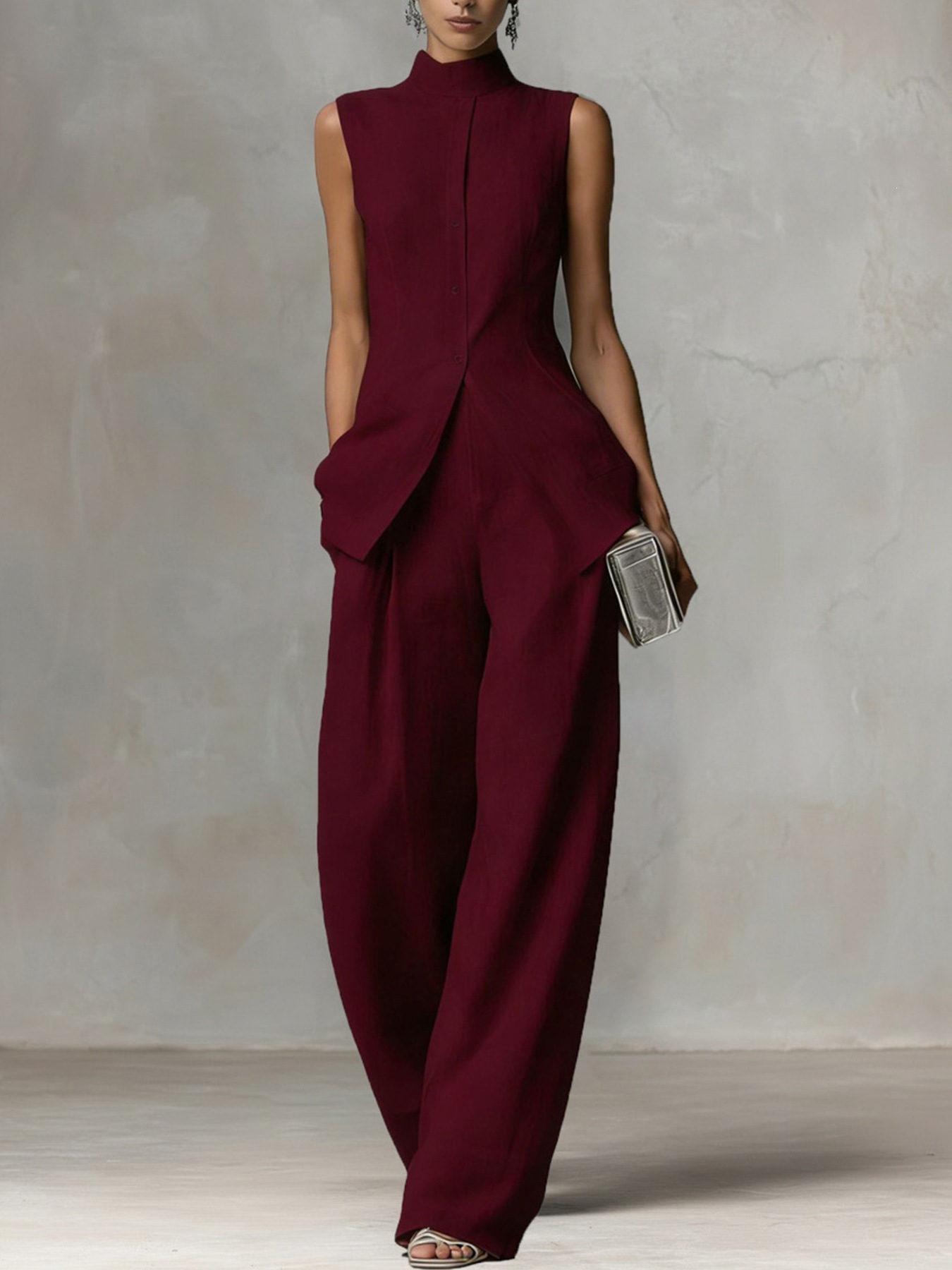 Women's Sleeveless Shirt and Pants Set with Drape, Casual Chic Two-Piece Outfit