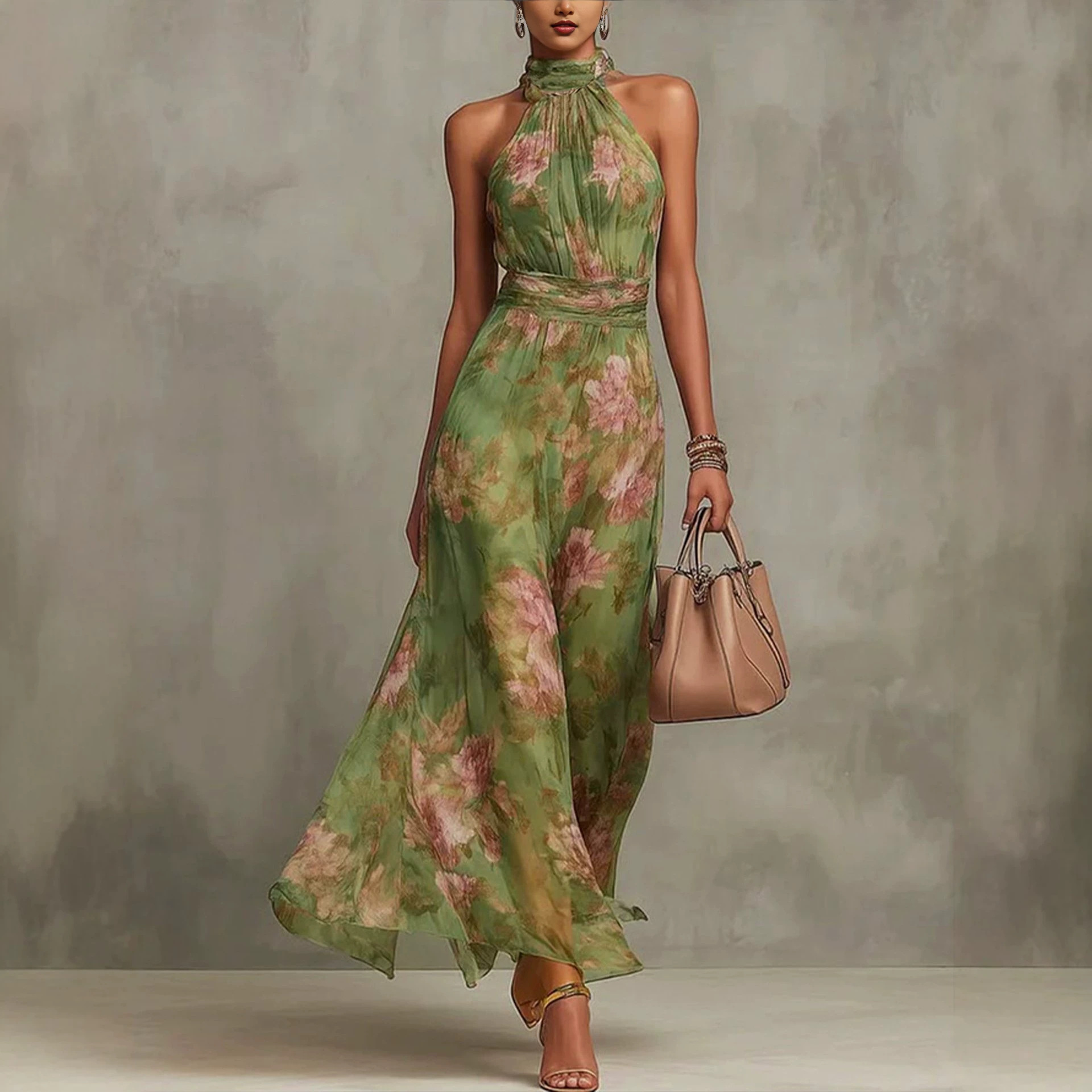 Elegant Floral Halter Midi Dress Sleeveless A-Line
