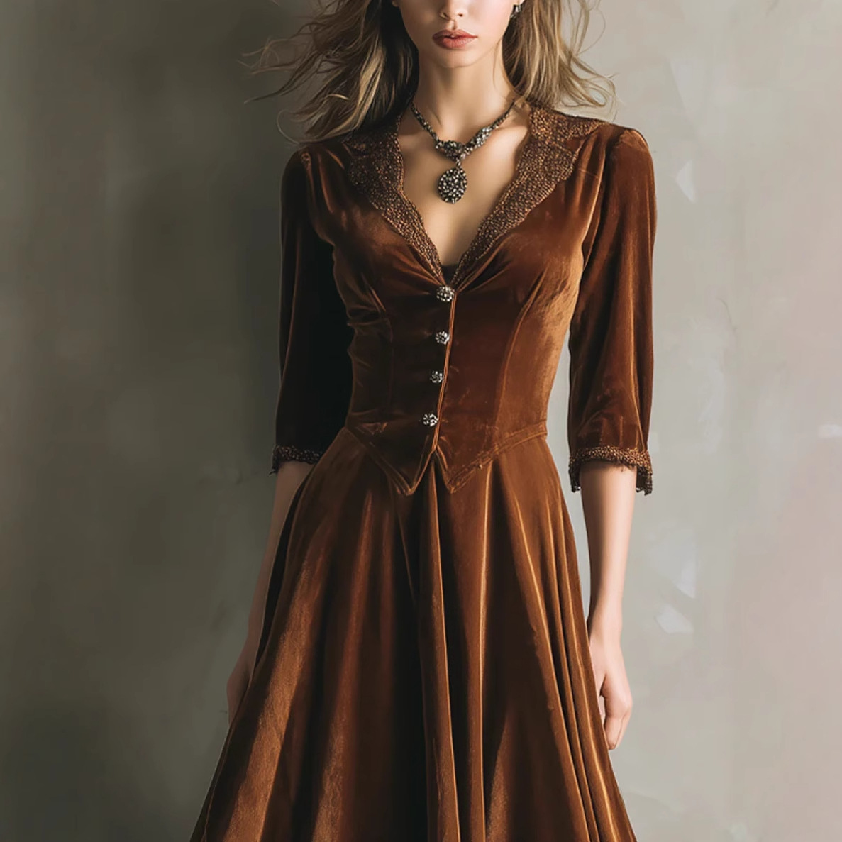 Western V-Neck Velvet Lace Panel Maxi Dress