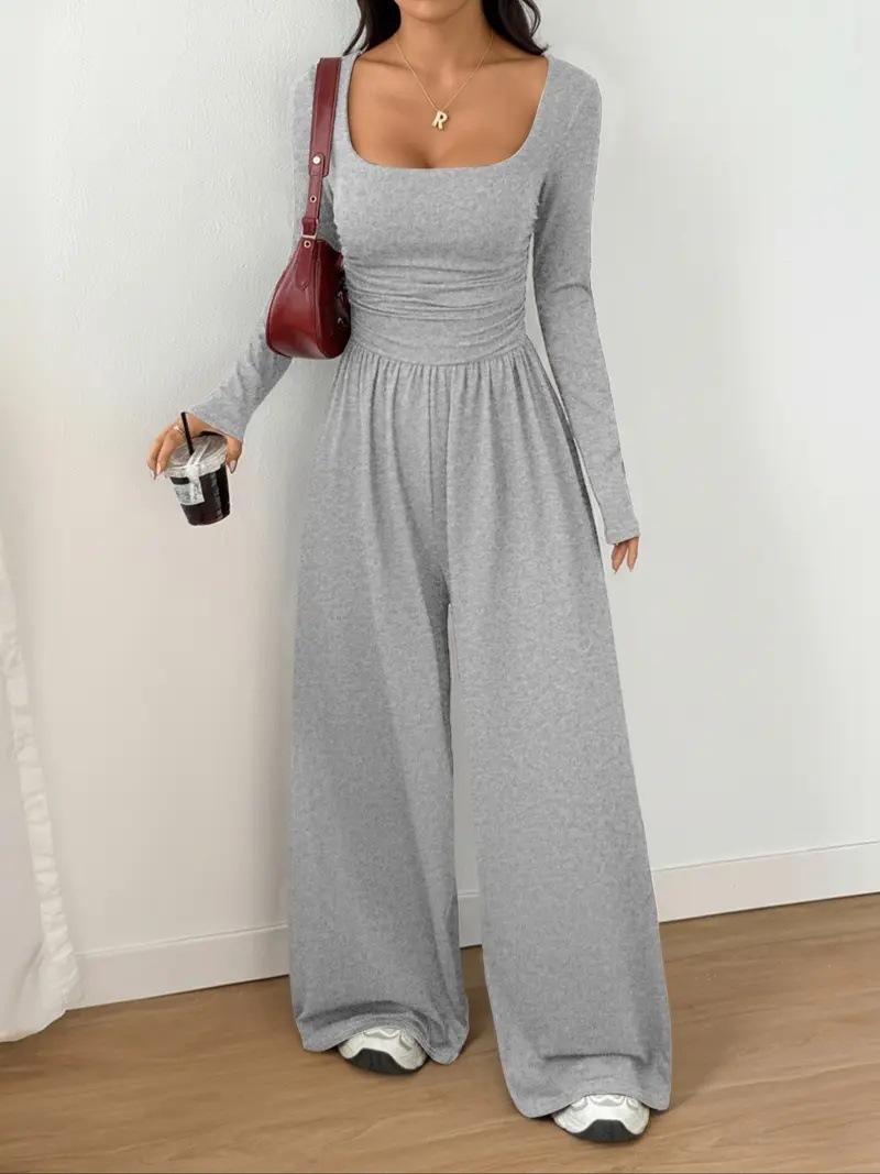 Women's Solid Color Long Sleeve Wide Leg Jumpsuit Casual Minimalist