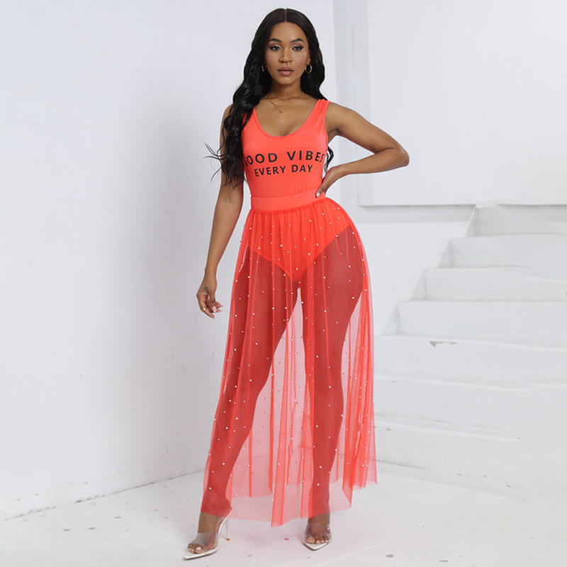 Sexy Sheer Mesh Two-Piece Bodysuit and Maxi Skirt Set with Hand-Beaded Details