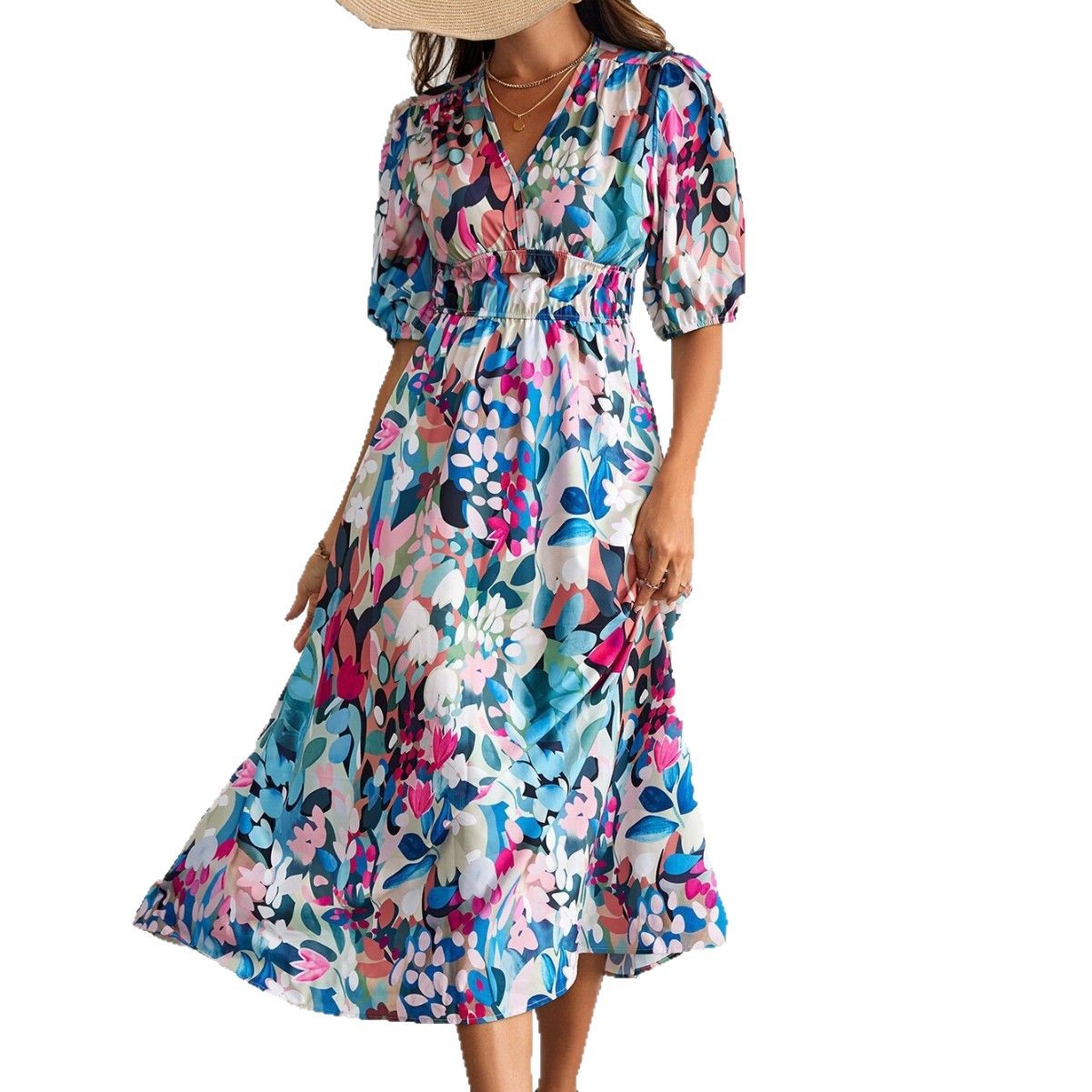 Women's Floral Print V-Neck A-Line Midi Dress with Puff Sleeves