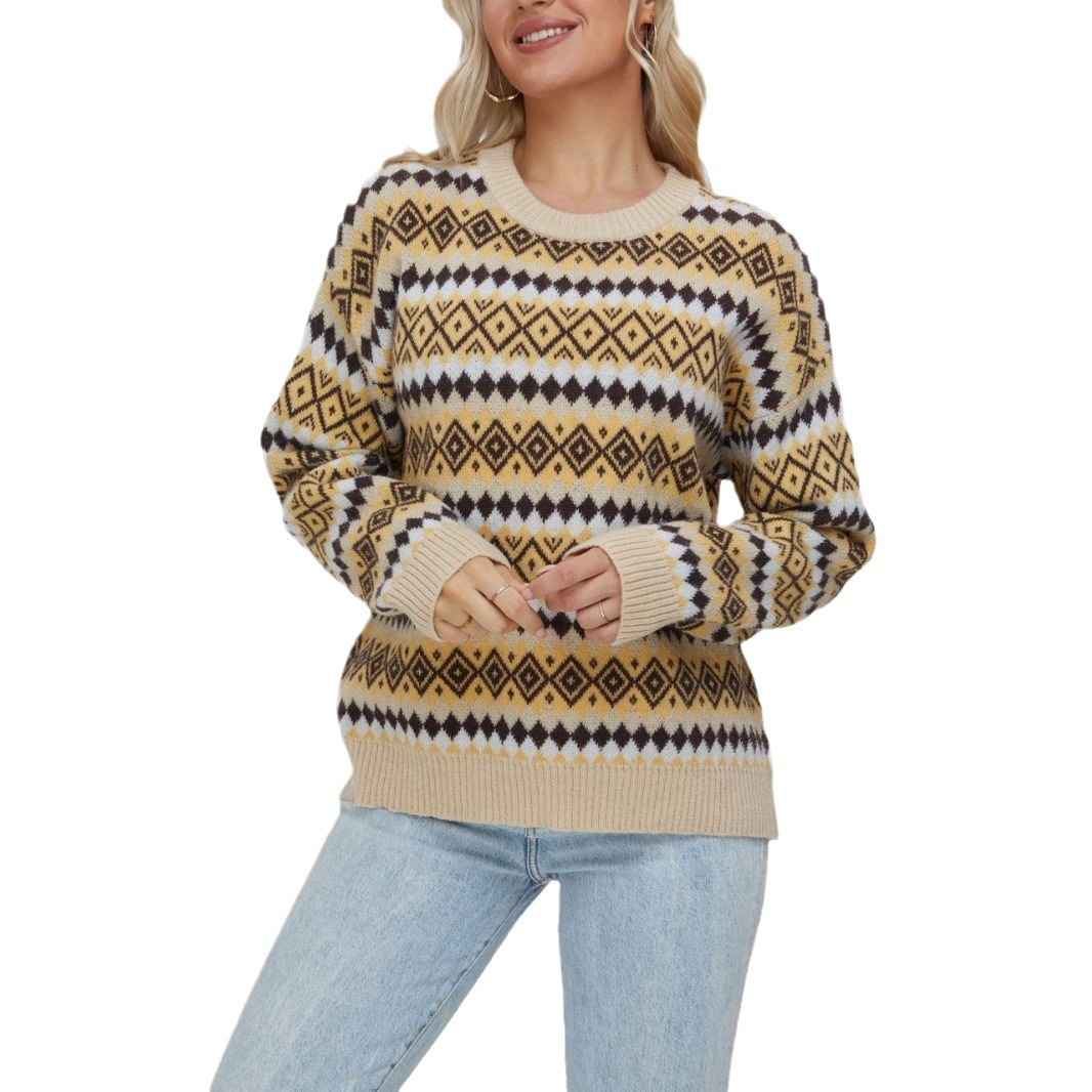 Retro Diamond Argyle Knit Jacquard Plaid Sweater Women's Long Sleeve Pullover