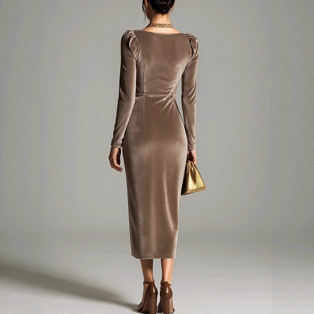 Velvet Long Sleeve Square Neck Bodycon Dress with Slit