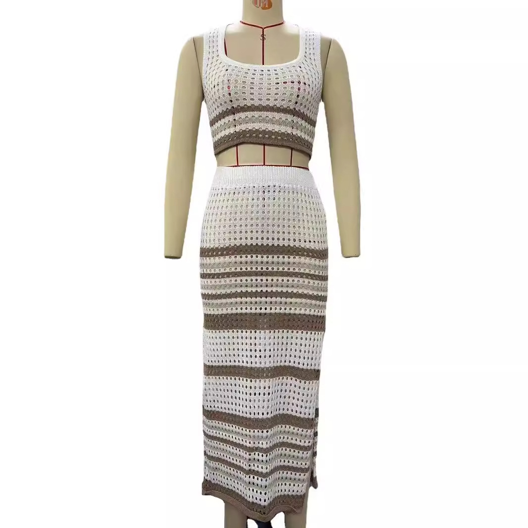 Women's Sleeveless Tank Top and Striped Slit Midi Skirt Knit Set