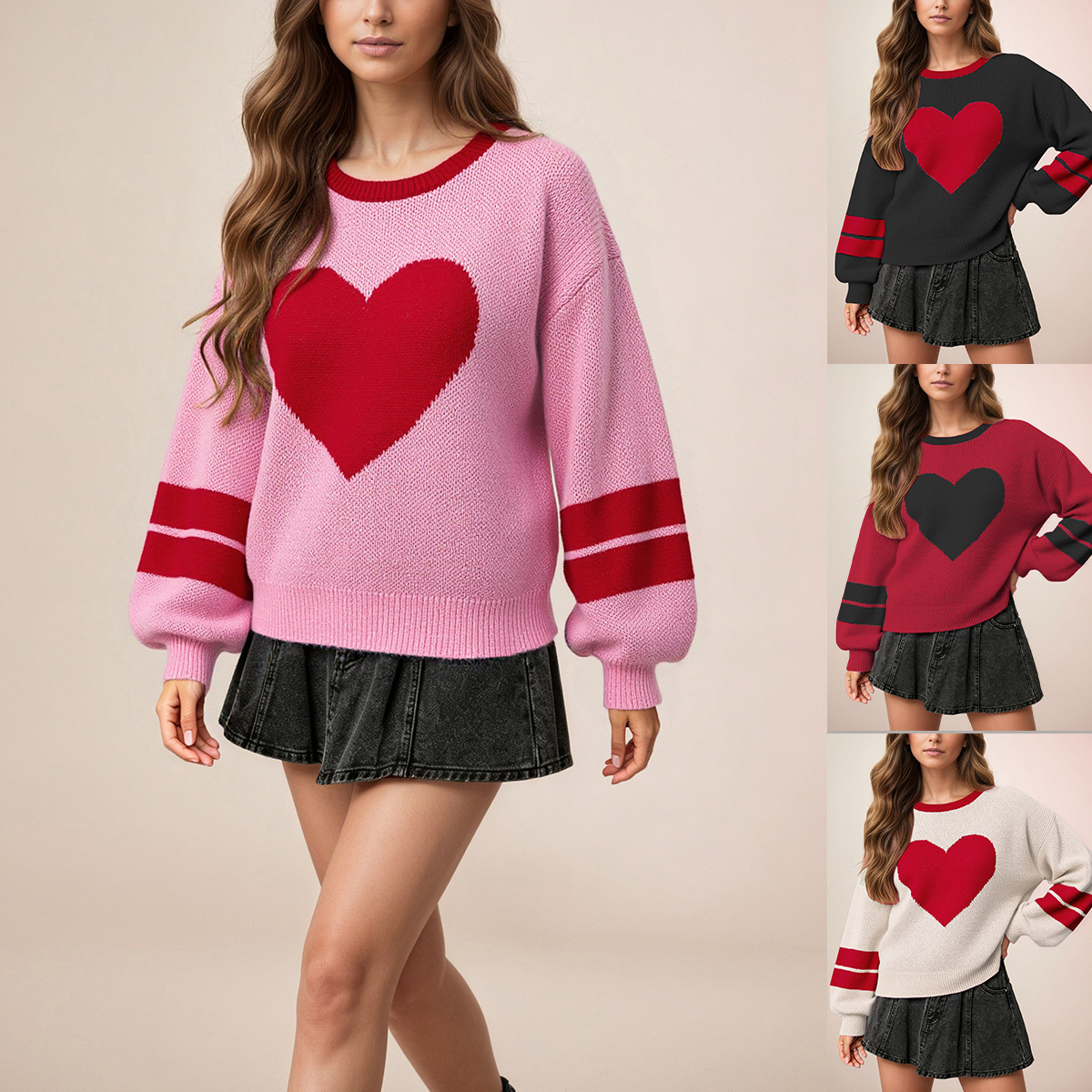 Women's Heart Pullover Sweater Crew Neck Long Sleeve Loose Fit