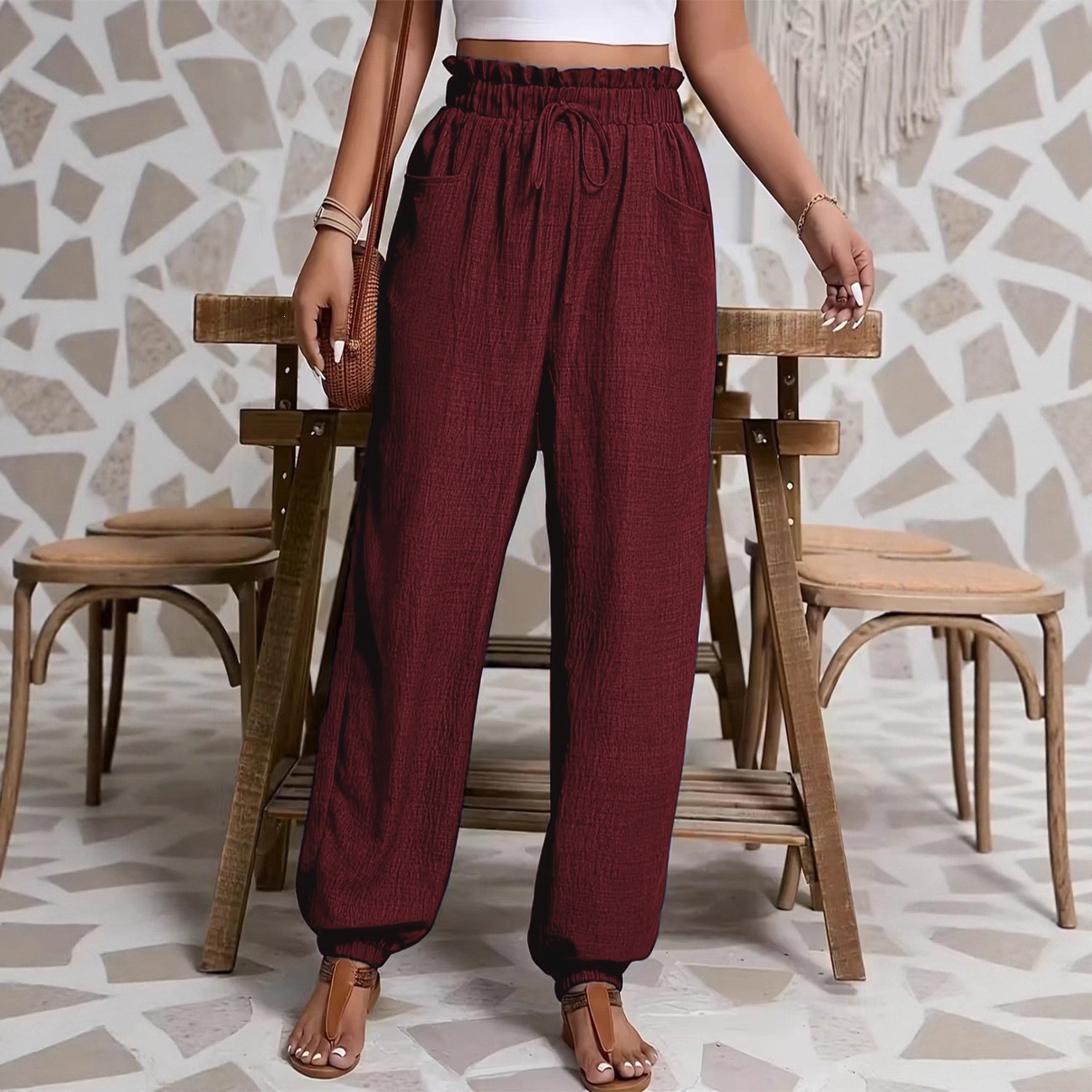 Solid Textured Lantern Pants with Ruffle Elastic Drawstring Waist and Dual Pockets