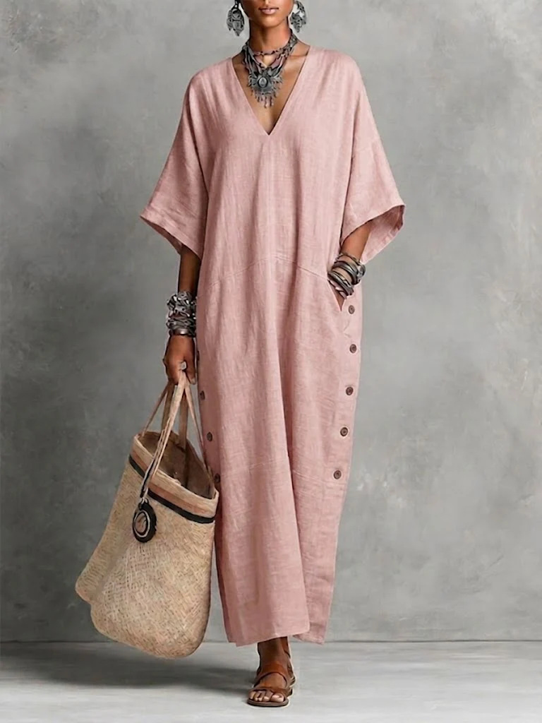 Linen-Blend Loose V-Neck Side-Button Midi Dress