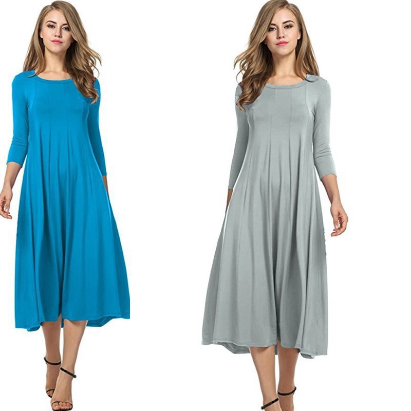 Women's Crew Neck Half-Sleeve Solid Color Flared Dress Custom Logo Workwear