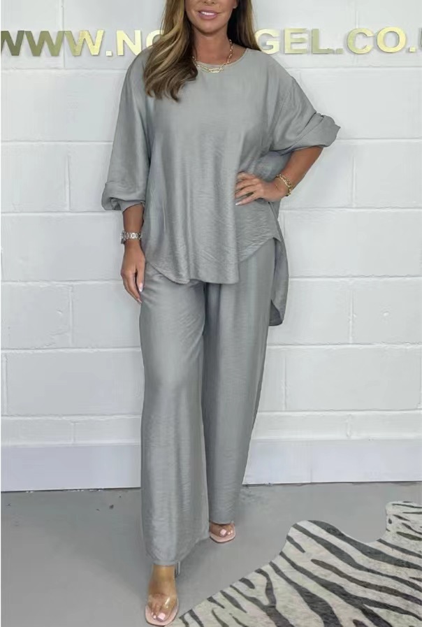 Acetate Satin Wide-Leg Pants Set with Lantern Sleeve Top