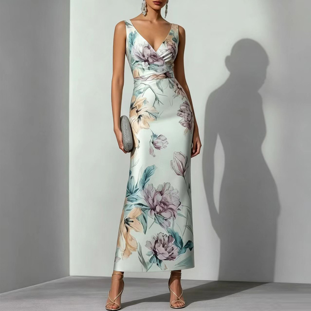 Slimming High-Waist Floral Print Bodycon Backless Maxi Dress