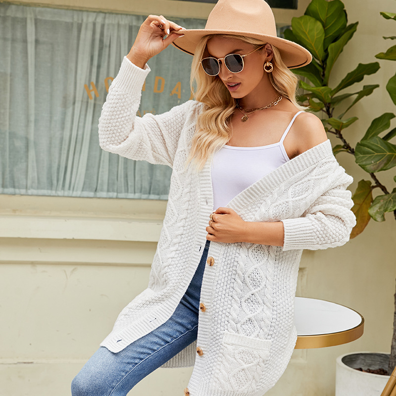 Women's Long Cable-Knit V-Neck Cardigan Sweater Coat