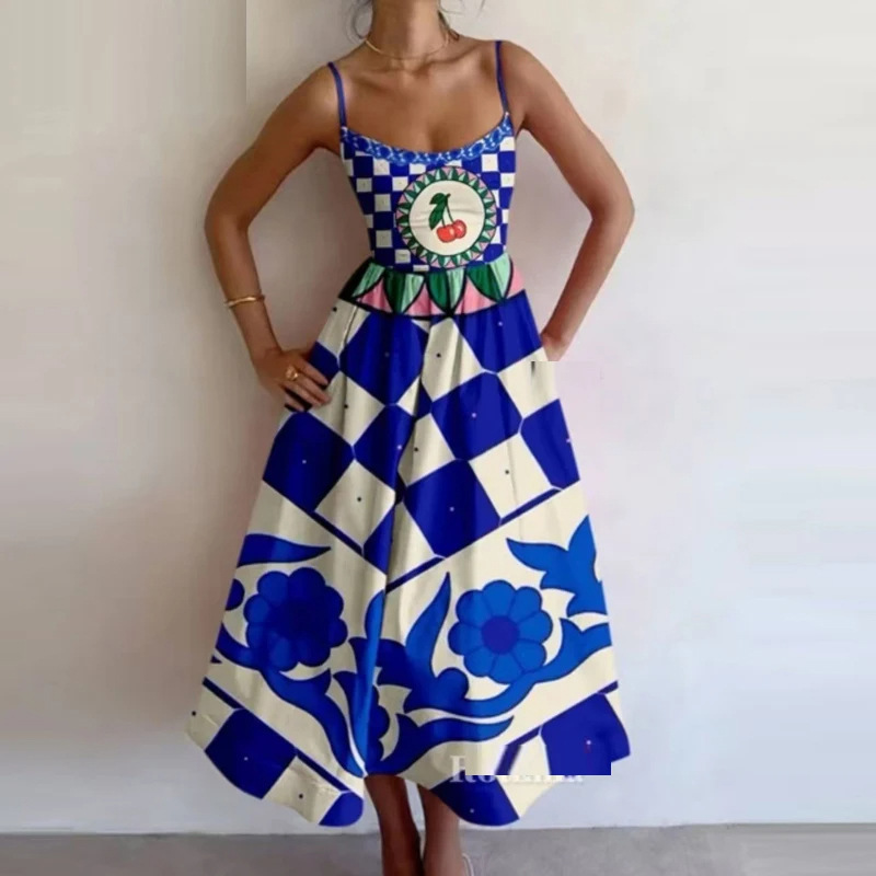 Women's Printed Sleeveless Ruched Waist Long Dress