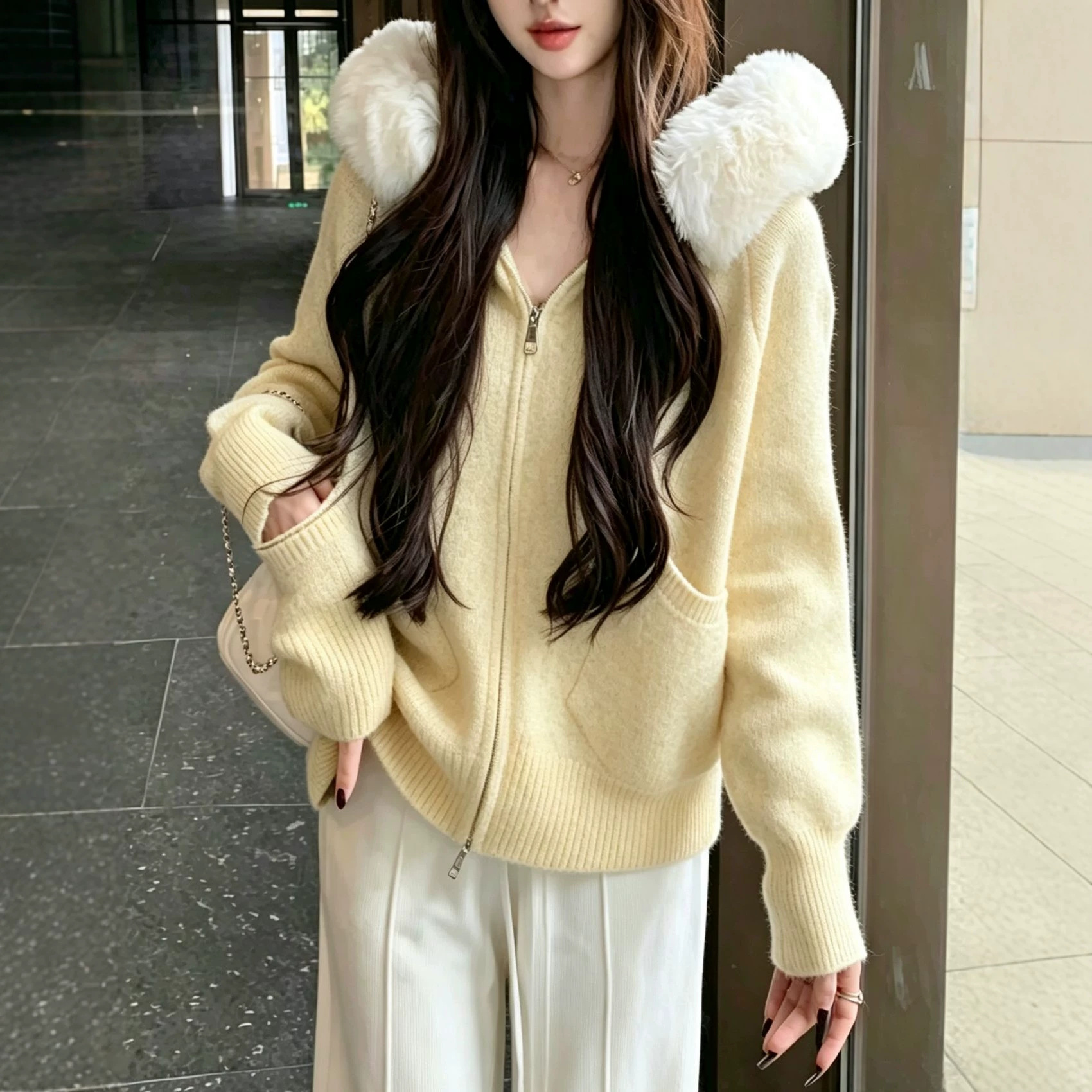 Women's Faux Fur Trim Hooded Zip Knit Cardigan Solid Color Loose Sweater with Pockets