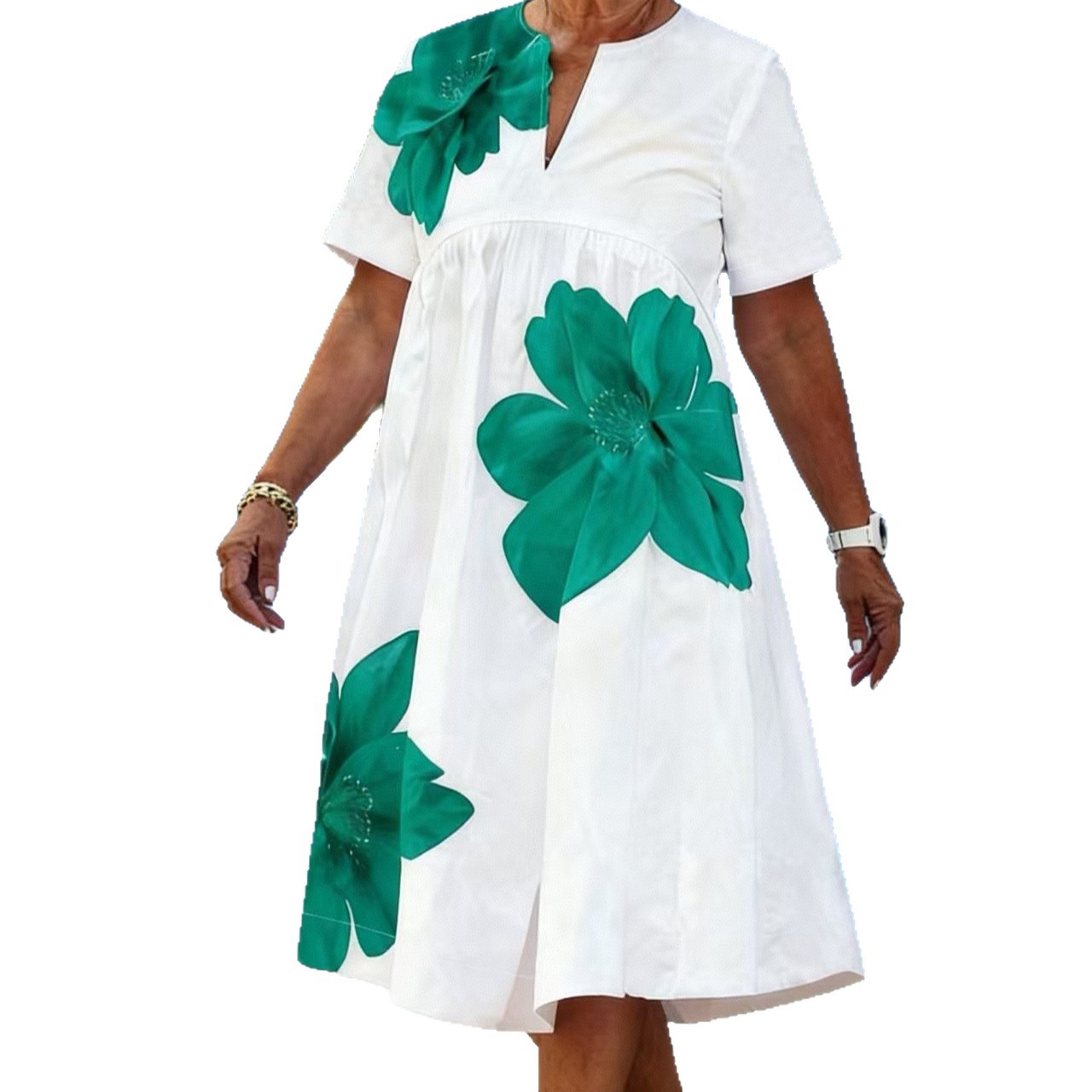 Artistic Floral Print Midi Dress Short Sleeve V-Neck A-Line