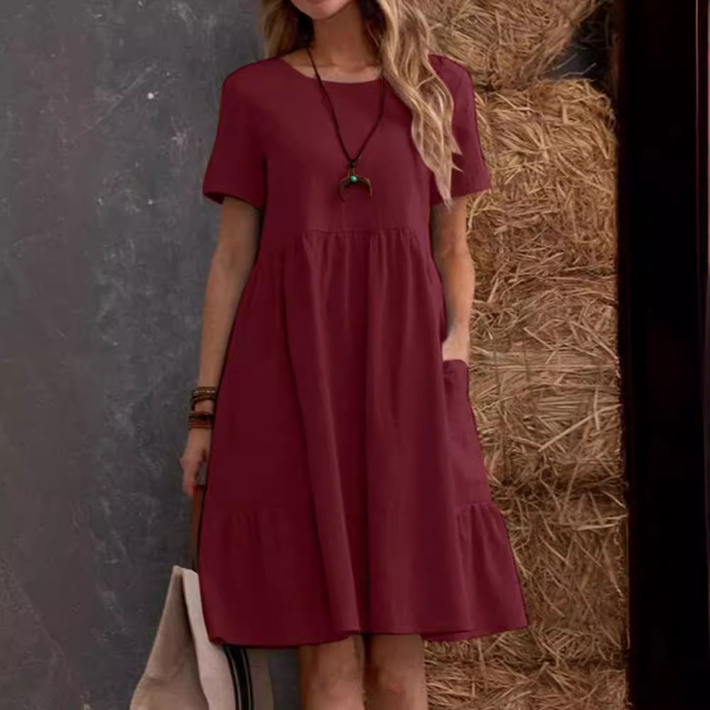 Women's Vintage Loose Solid Crewneck Cotton Dress with Pockets