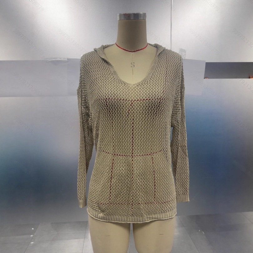 Hooded Open-Knit Long-Sleeve Sweater, Khaki, Loose Fit