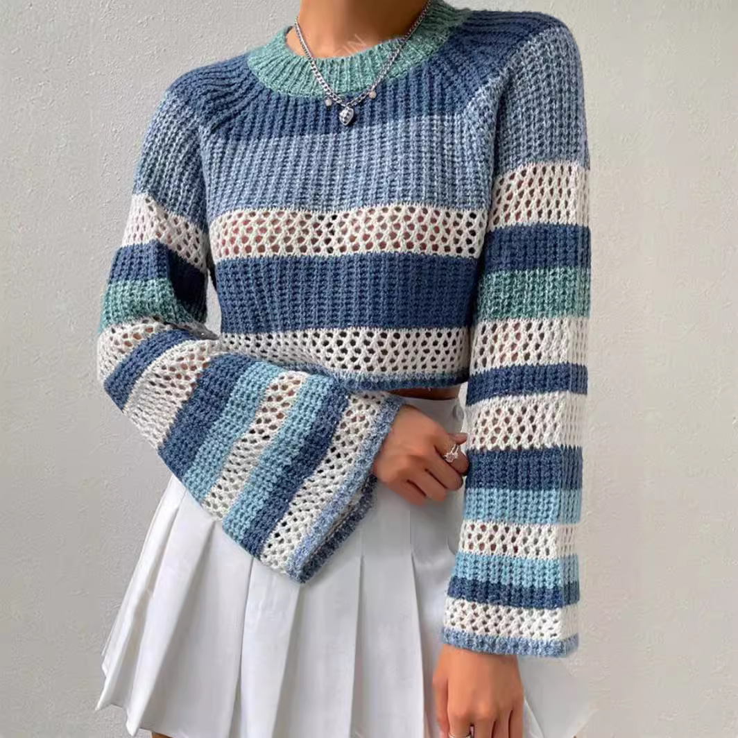 Women's Open-Knit Striped Crewneck Pullover Top