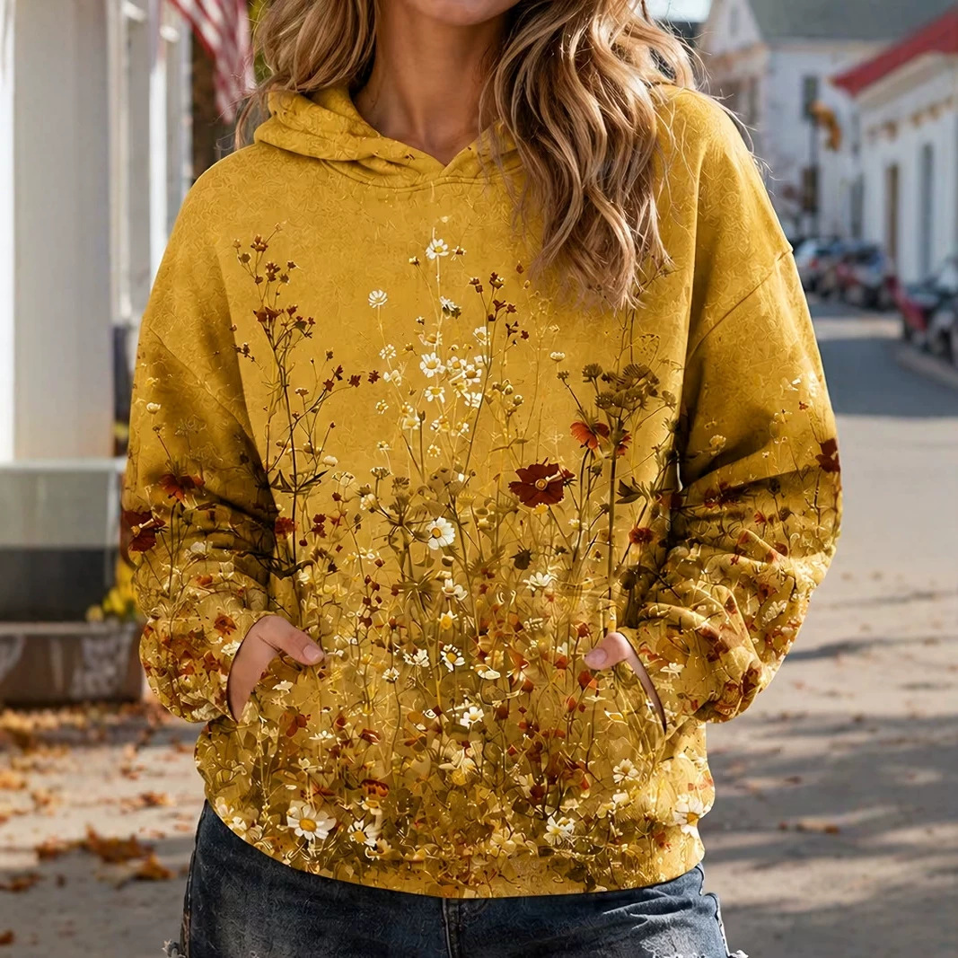 Women's Floral Print Casual Hoodie Long Sleeve Crewneck