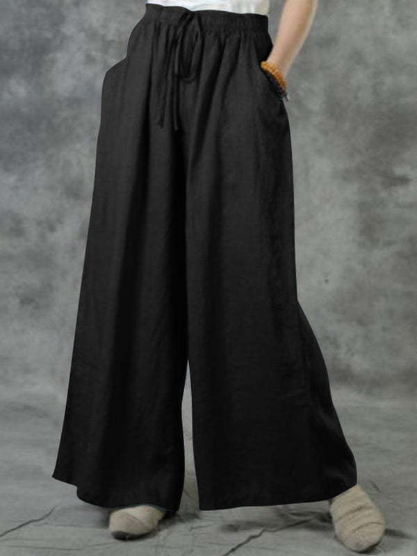 Cotton-Linen Wide-Leg Casual Pants for Women Solid Color Loose Fit