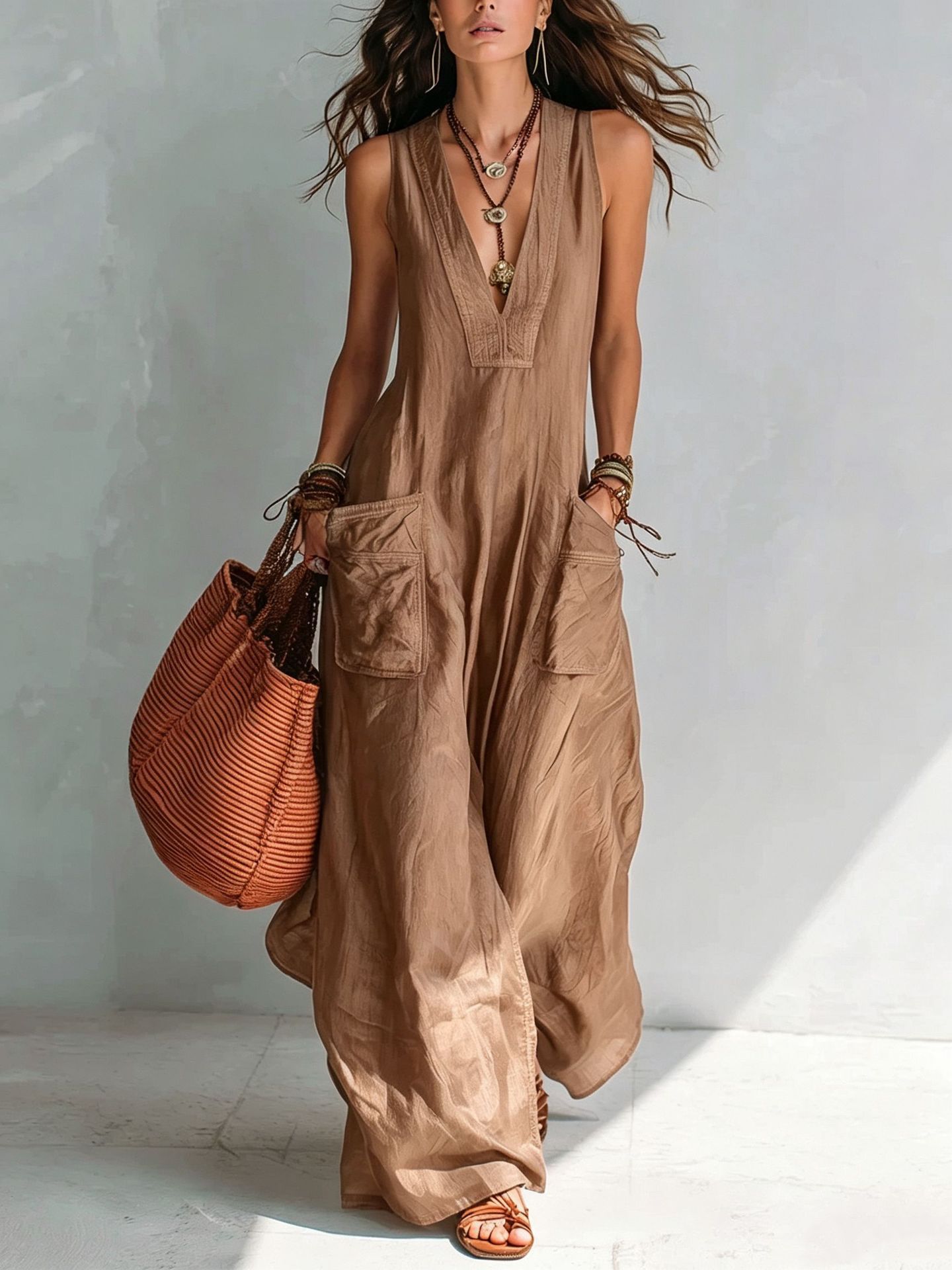 Sleeveless V-Neck Wide-Leg Jumpsuit with Pockets