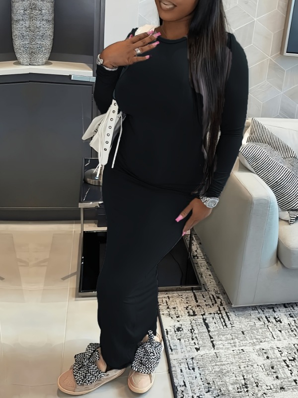 Plus Size Solid Color Long Sleeve Bodycon Midi Dress