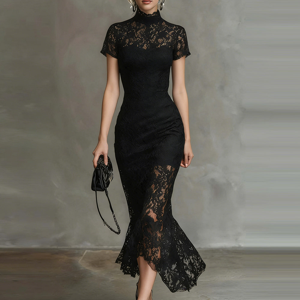 High-Waist Lace-Trim Bodycon Long Dress Short Sleeve