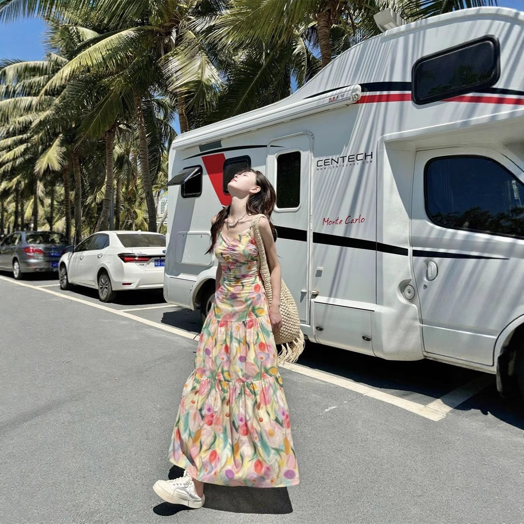 Floral Oil Painting Cami Maxi Dress A-Line U-Neck Sleeveless