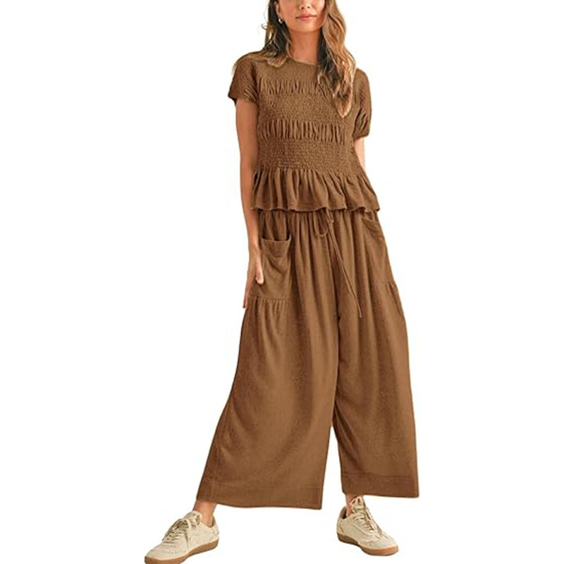Women's Solid Color Smocked High Waist Wide Leg Pants Short Sleeve Casual Two-Piece Set