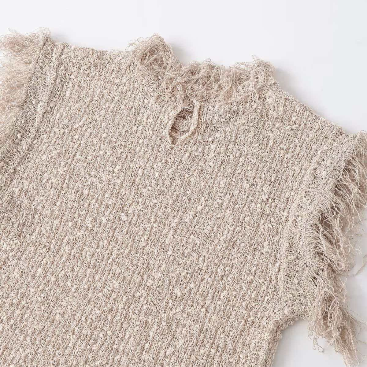Light Khaki Fringe Knit Top Sleeveless Crew Neck Women's