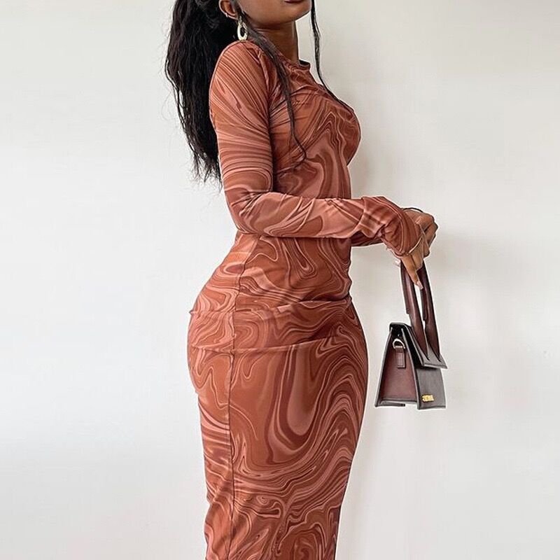 Women's Long Sleeve Round Neck Print Midi Sheath Dress