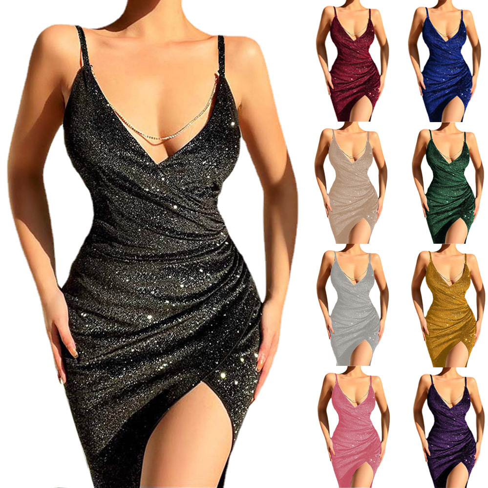 Sexy Glitter High Slit Deep V Cami Dress