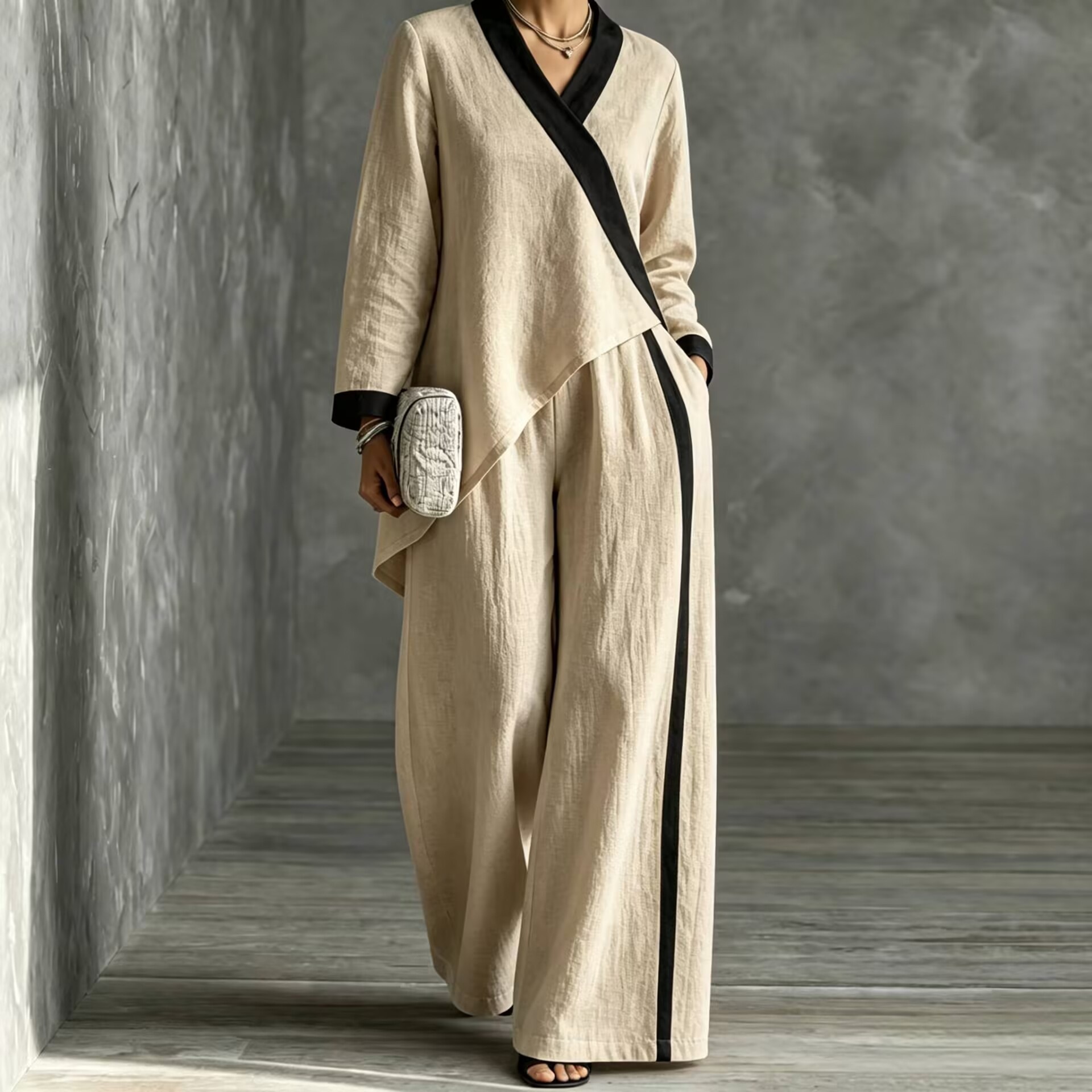 2026 Fall Cross-Border European and American Women's Fashion Color-Block V-Neck Asymmetrical Top Wide-Leg Pants Loose Casual Set