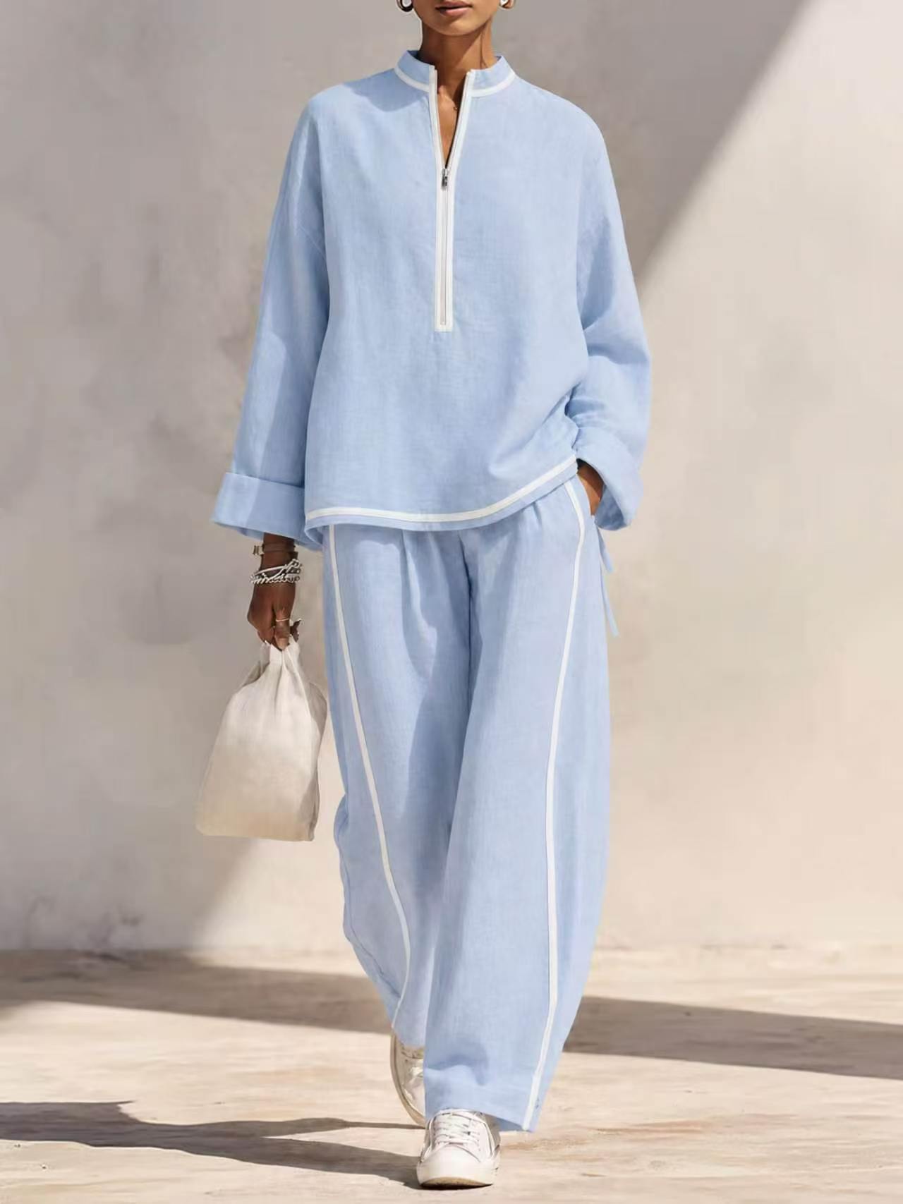 Women's Casual Two-Piece Set with Half-Zip Stand Collar Top and Wide-Leg Pants