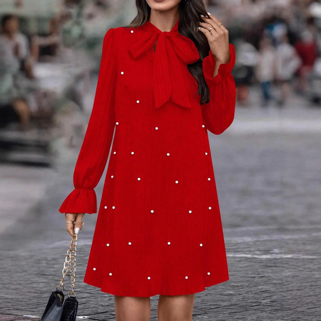 Women's Long Sleeve Solid Color Dress with Ribbon and Beaded Details