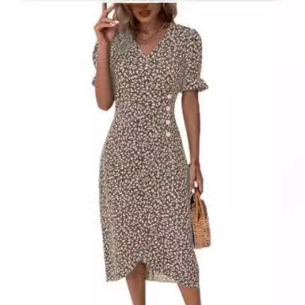 Geometric Patchwork Puff Sleeve Asymmetrical Hem Dress