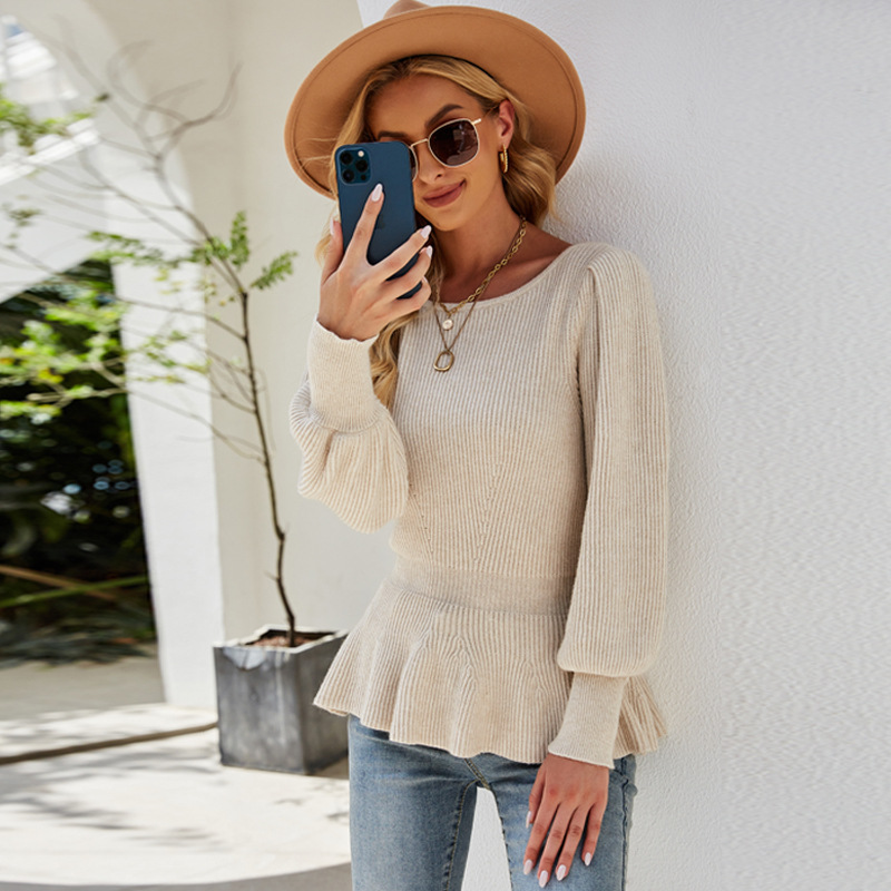 Women's Waist-Fitted Lantern Sleeve Knit Top Solid Color Sweater