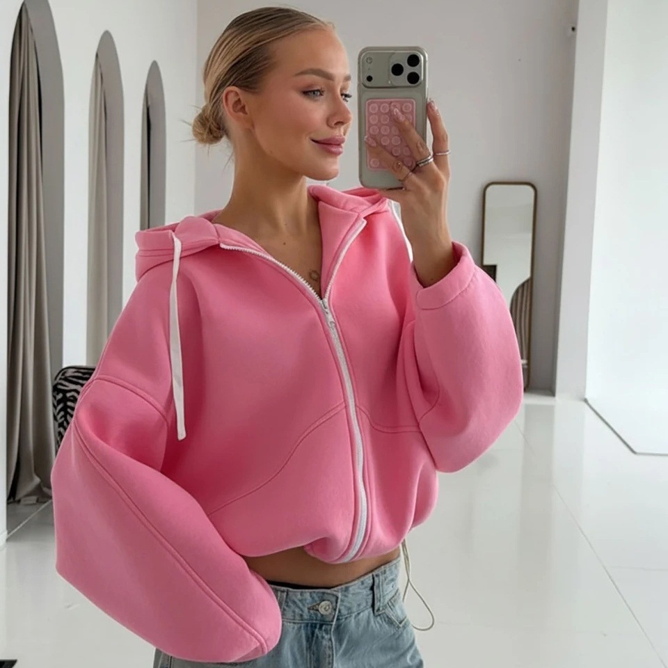 Women's Hooded Zip-Up Fleece Cardigan Sweatshirt Solid Color Long Sleeve Loose Fit Tie-Waist Short Crop Top