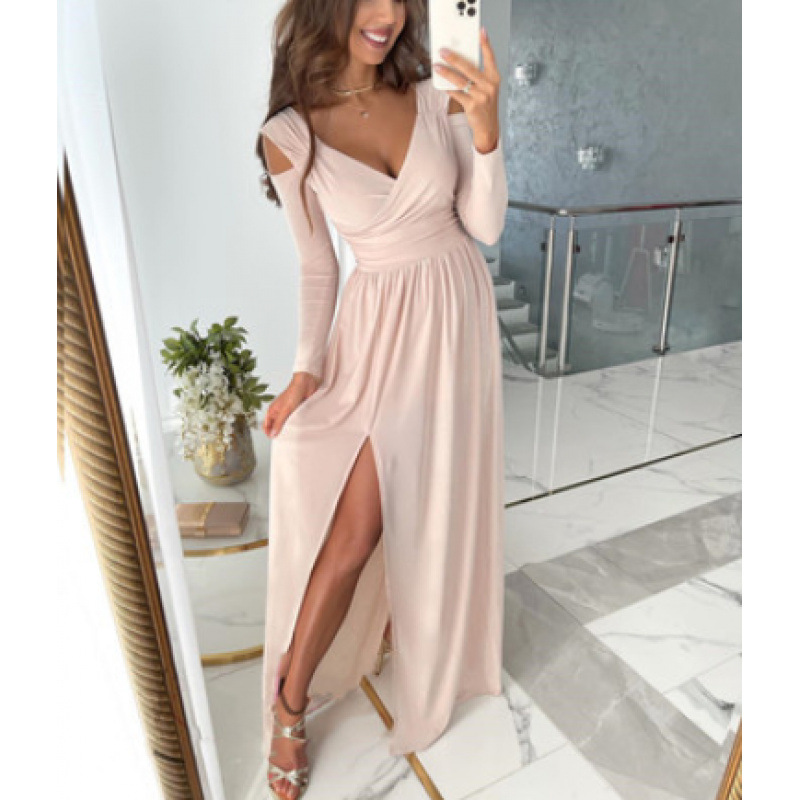 Long Sleeve V-Neck Solid Color Split Hem Dress