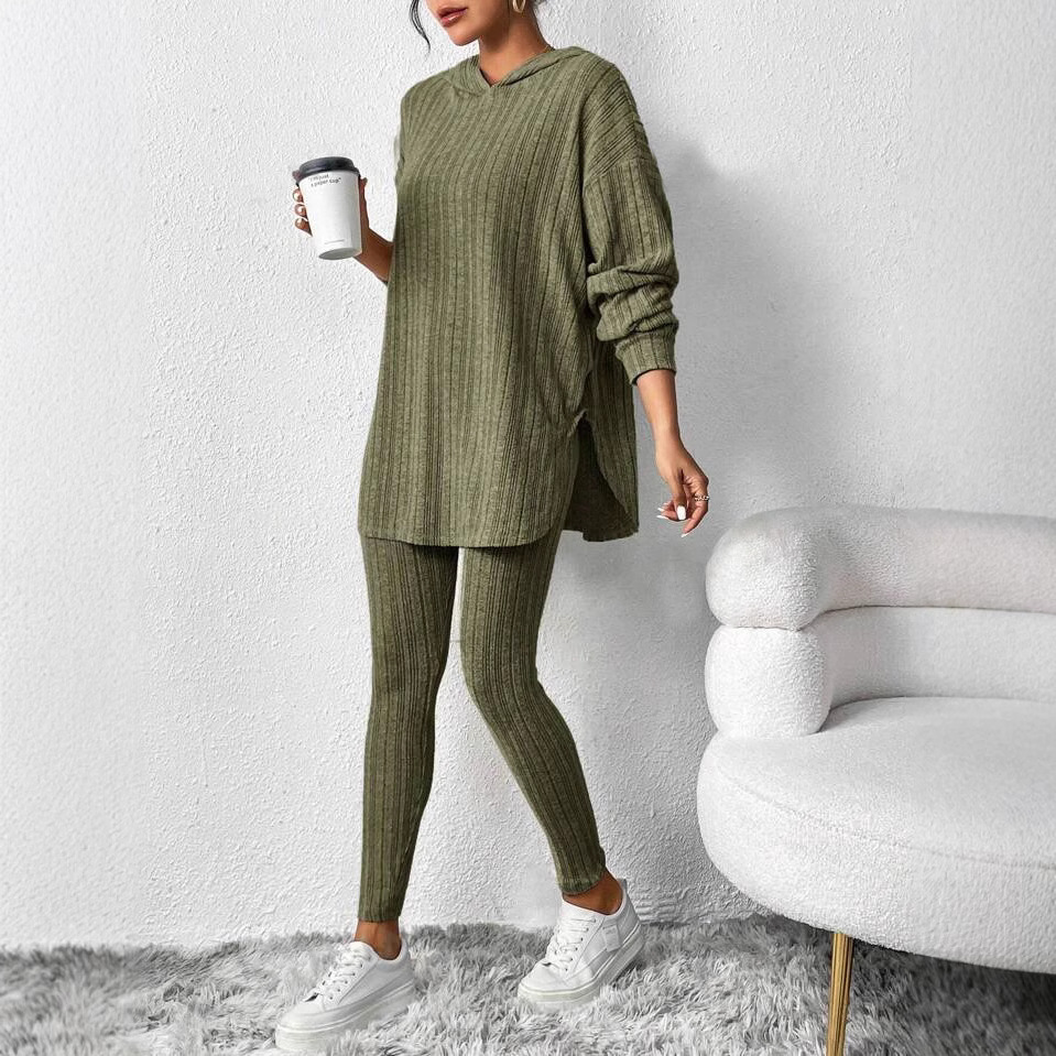 Ribbed Knit Hooded Long Sleeve Lounge Set