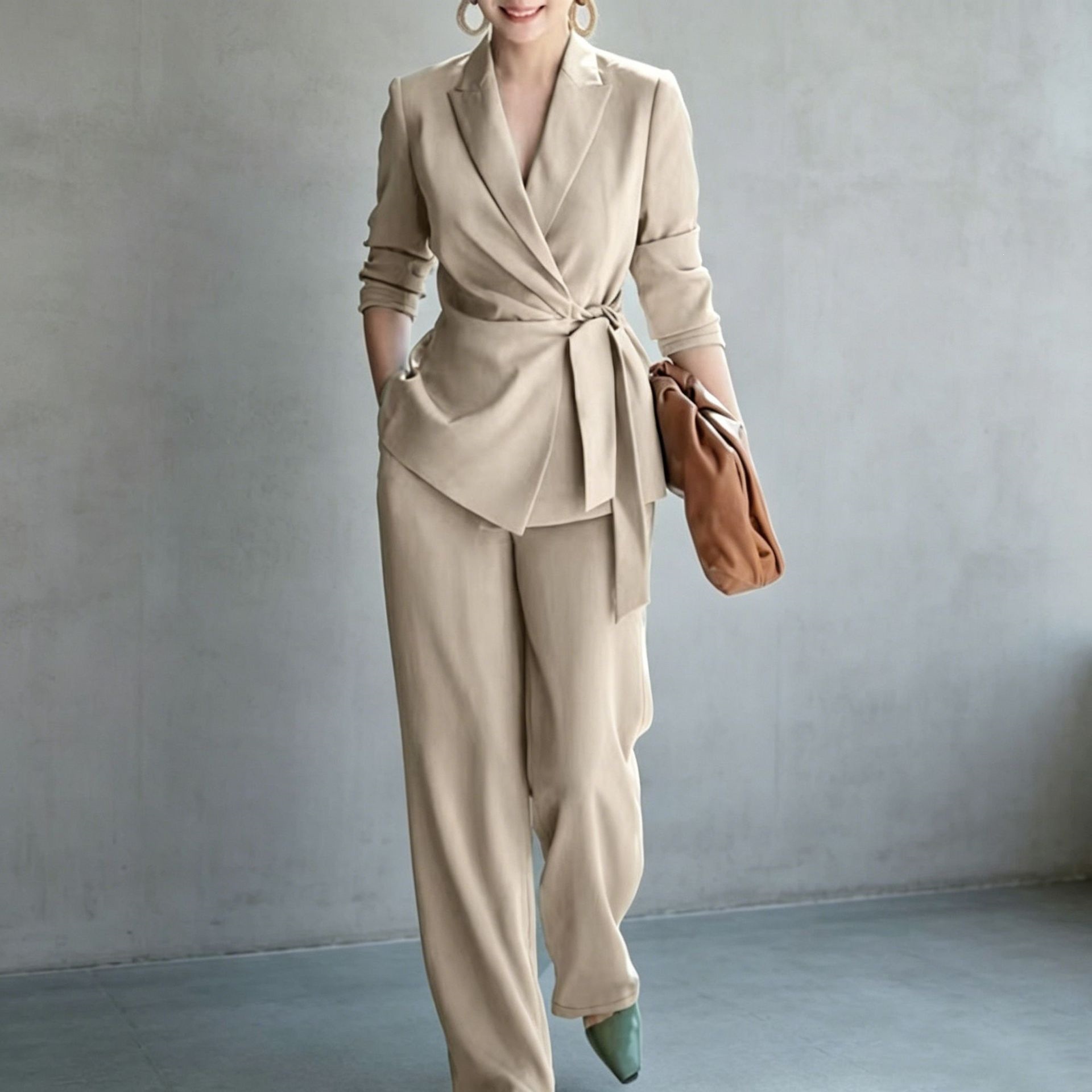 Women's Solid Color Belted Blazer and Pants Two-Piece Set